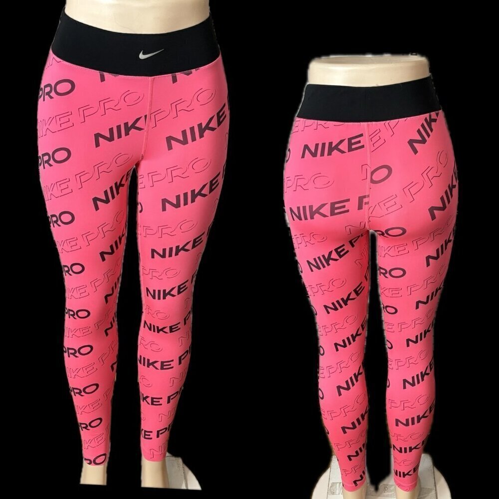 Nike S Coral Pink Logo Pro Print Wide Elastic Waistband Stretch Dri-Fit Tights